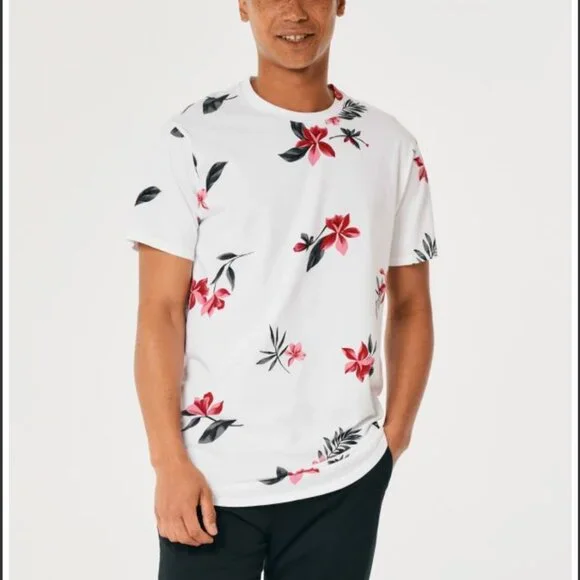 Hollister Men Longline Curved Hem Floral Pattern White Short Sleeve T-Shirt - XS - Picture 2 of 10